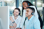 Customer service, call center or telemarketing team and manager or mentor looking happy reading online feedback or sale on website. Diversity in CRM, support and sales consultant training office