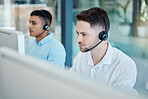 Call center, focused businessman and helping with customer service advice online. Operator, telemarketing and consultant  offering digital support using a headset. Hotline agent, contact us and help 