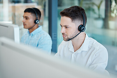 Buy stock photo Call center, focused businessman and helping with customer service advice online. Operator, telemarketing and consultant  offering digital support using a headset. Hotline agent, contact us and help 