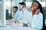 Black woman, contact us and call center employee, phone call for customer service or tech support, telemarketing sales and consultant. Agent at desk, computer and communication with technology.