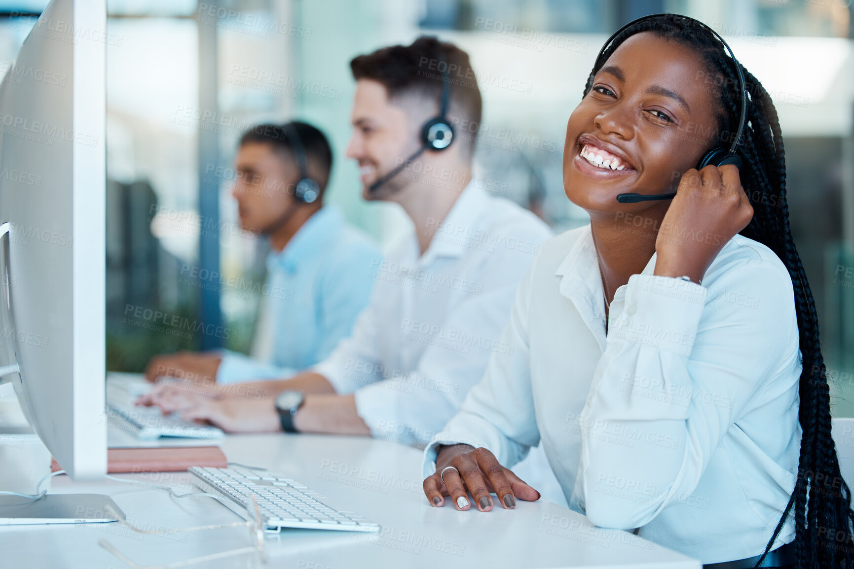 Buy stock photo Black woman, contact us and call center employee, phone call for customer service or tech support, telemarketing sales and consultant. Agent at desk, computer and communication with technology.