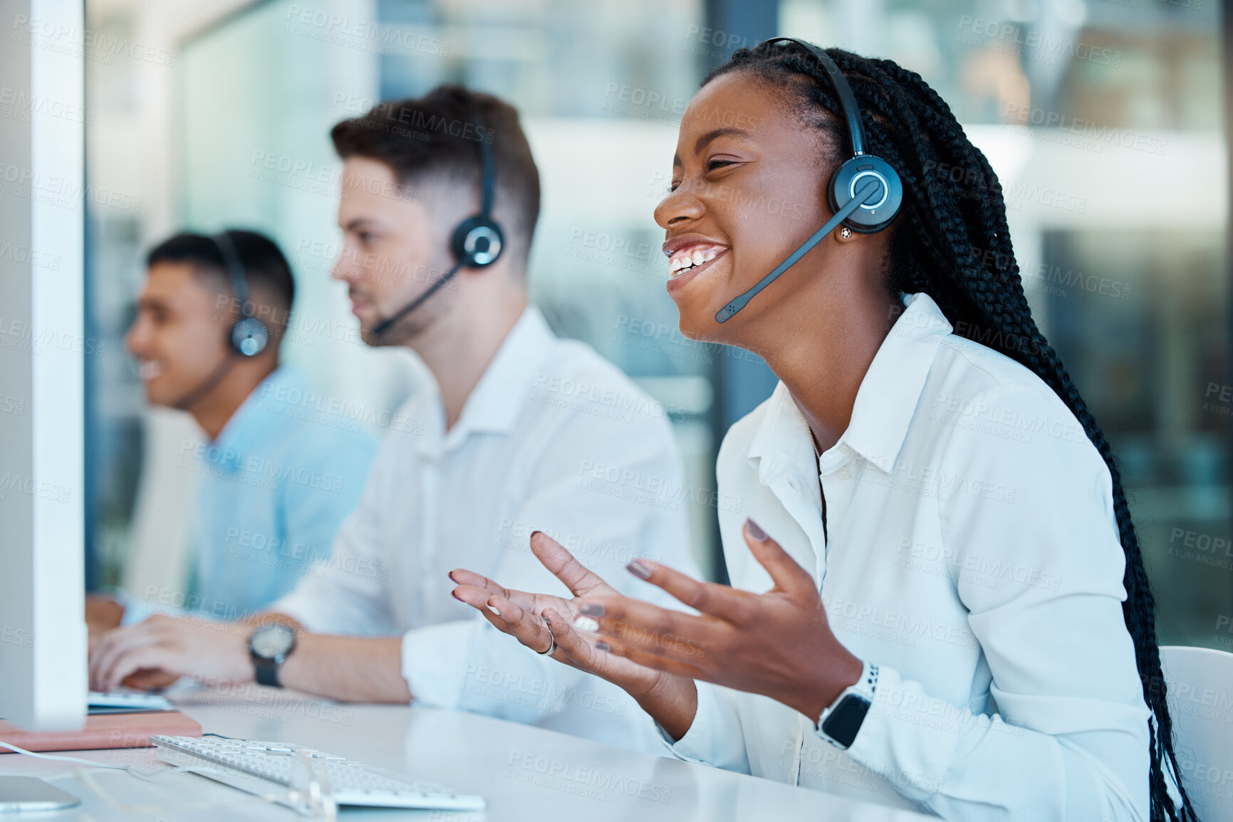 Buy stock photo Call center, happy and black woman consulting, working and giving support on the internet with a computer for work in crm. Telemarketing, smile and customer service worker talking for business online
