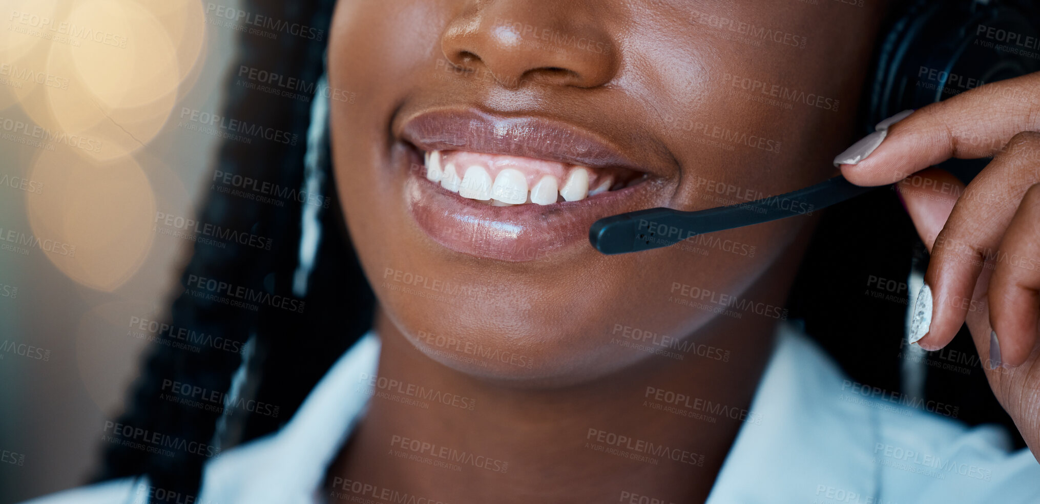Buy stock photo Call center, phone call and mouth of black woman working in telemarketing, sales or a help desk. Contact us, crm and the smile of a woman consulting on customer service or customer support helpline.