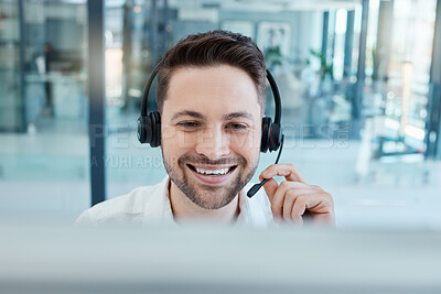 Buy stock photo Call center, smile and face of a man consulting, working and in communication on a computer at a crm telemarketing company. Happy, support and help from a customer service consultant on the internet