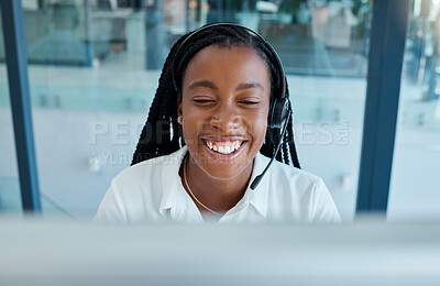 Buy stock photo Call center, happy and black woman with a smile for telemarketing, customer service and consulting on a computer. Crm, working and African consultant talking and giving support to people on internet