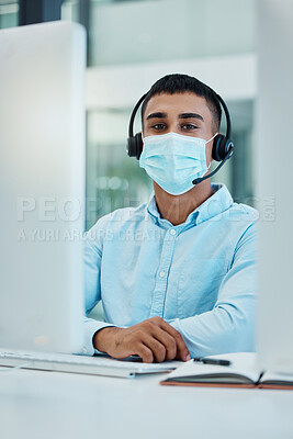 Buy stock photo Covid, call center agent or customer service consultant with computer desktop for policy, compliance or insurance IT support. Telemarketing, virtual advisor man portrait consulting with a face mask