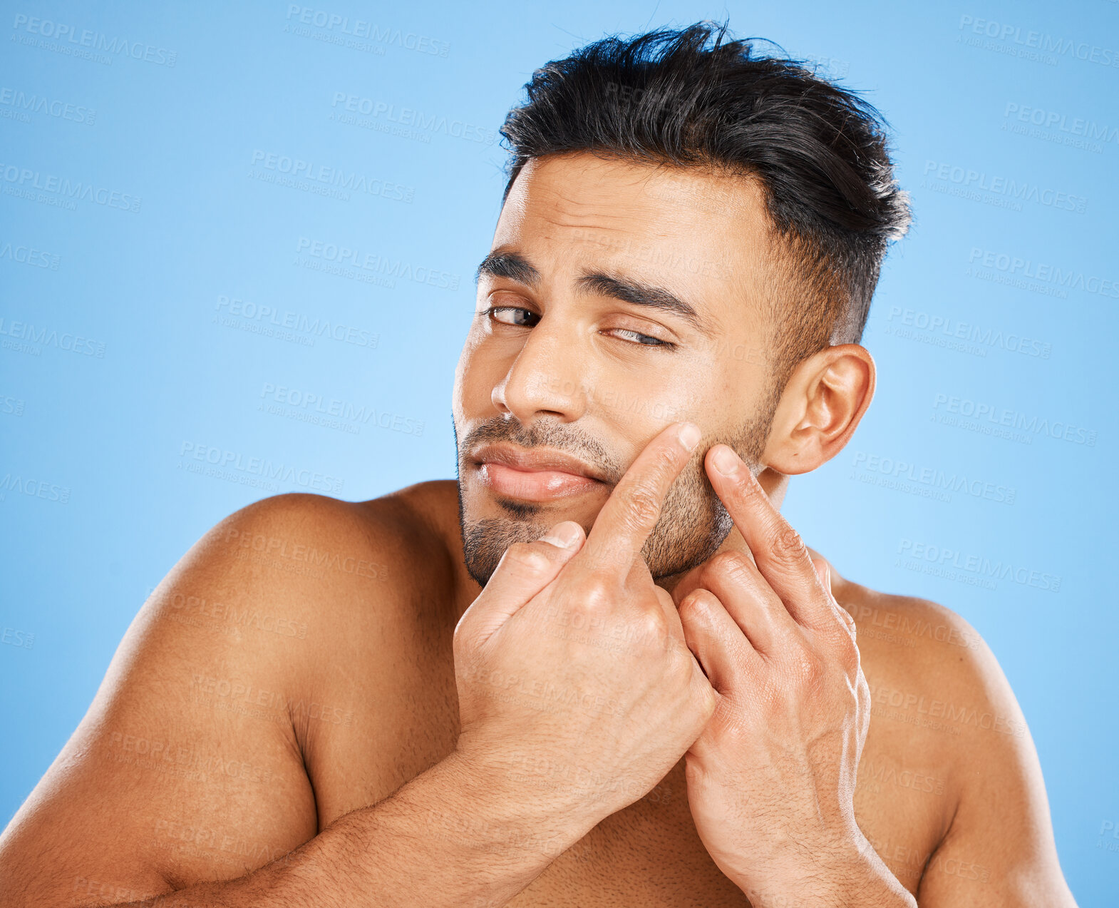Buy stock photo Skincare, beauty and model check for acne breakout, pimple or facial scar after wellness, self care or healthcare treatment. Dermatology, cosmetology or aesthetic man with spa routine for skin health