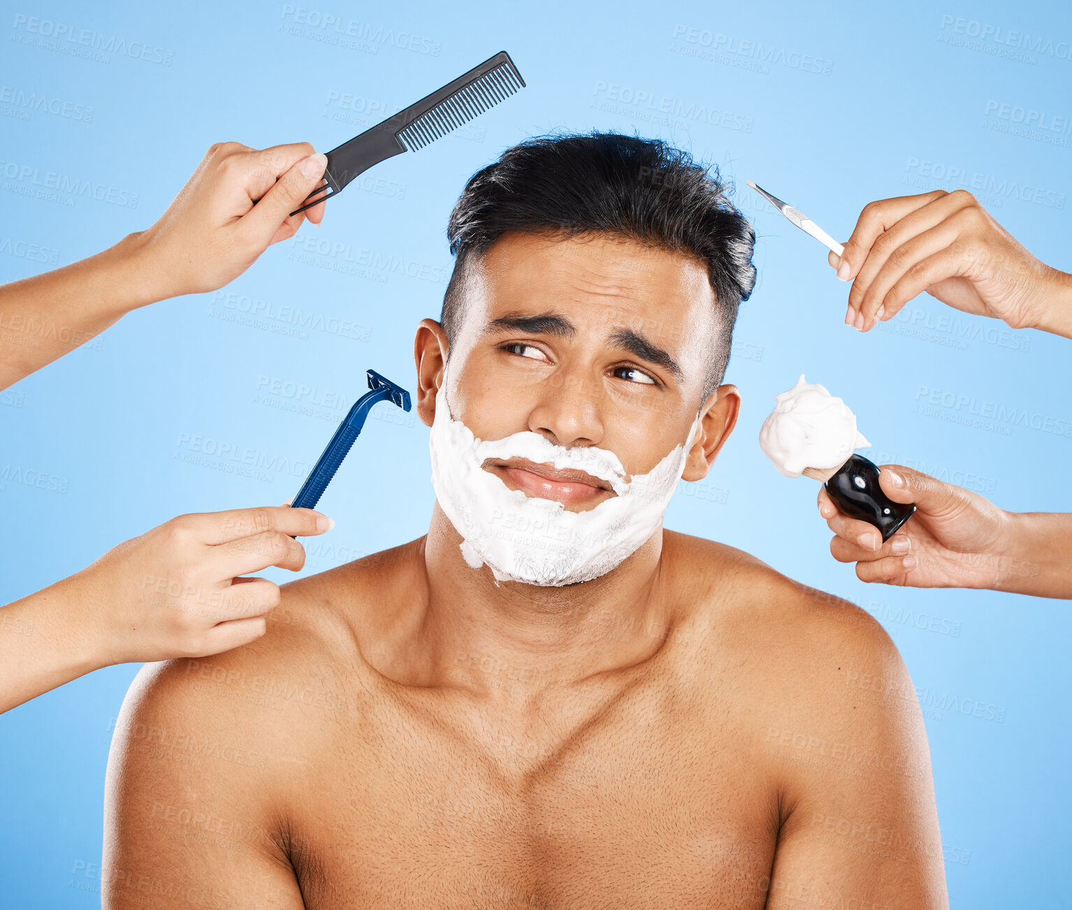 Buy stock photo Hands, cleaning and man in studio for makeover, skincare and shaving against a blue background. Hand, beauty and luxury with wellness model grooming, hair and skin treatment with cosmetic product