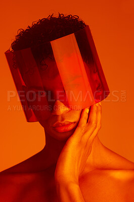 Buy stock photo Cyberpunk glasses, red neon and fashion model with creative futuristic style, fantasy lighting and sci fi mask. Future gen z aesthetic, beauty light creativity and face portrait of serious black man