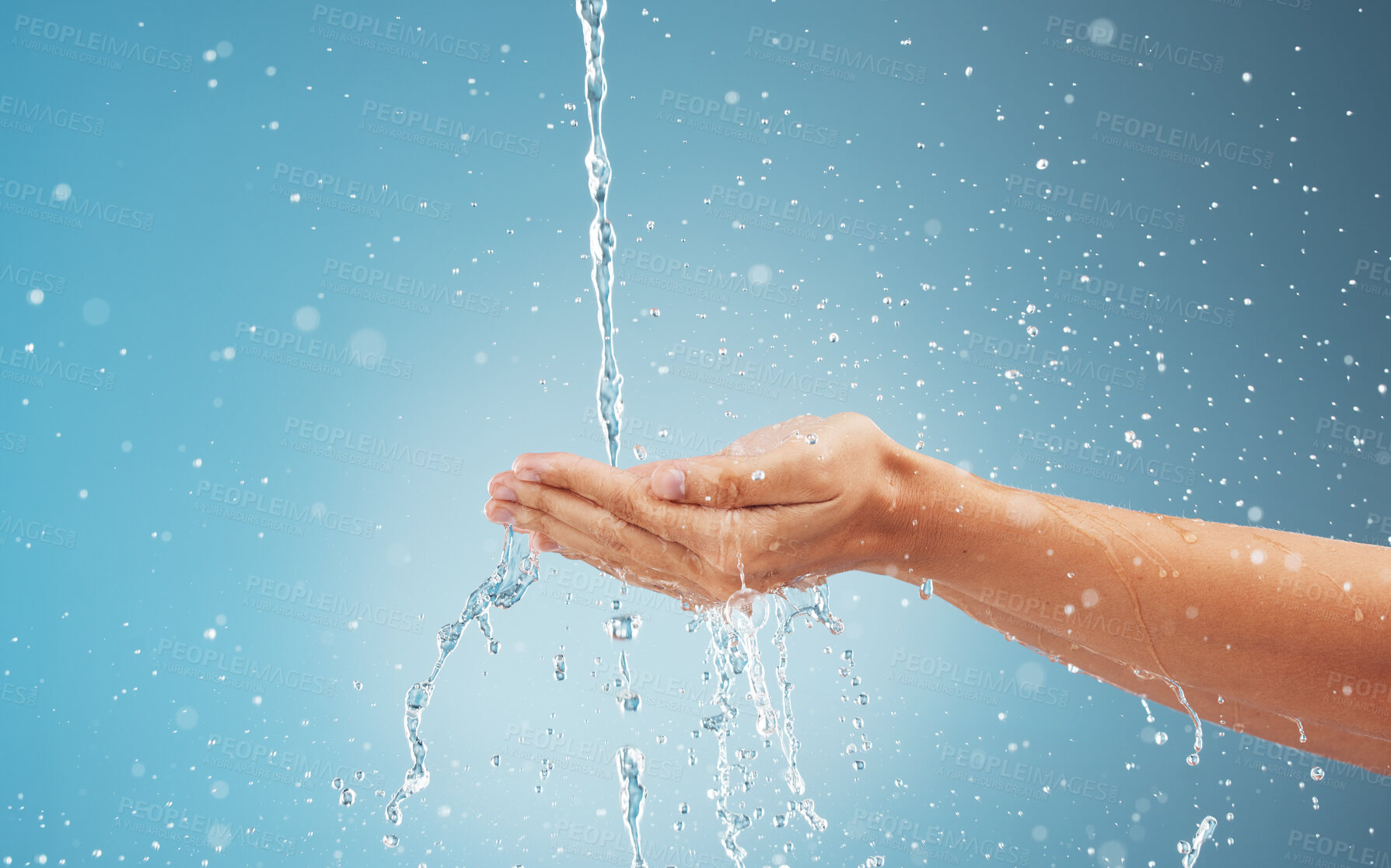 Buy stock photo Abstract water, splash and woman cleaning hands . Clean flow eco friendly healthy, sustainable waterfall environment and earth day fresh cold wet hand under water with blue background in studio 