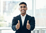 Thumbs up, corporate success or happy businessman for yes, support or company trust for hiring, job interview or thank you. Employee, manager or winner portrait for motivation, freedom or compliance