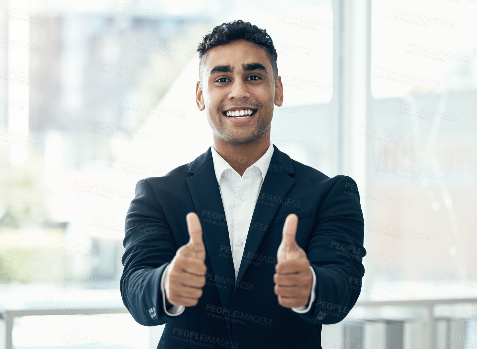 Buy stock photo Thumbs up, corporate success or happy businessman for yes, support or company trust for hiring, job interview or thank you. Employee, manager or winner portrait for motivation, freedom or compliance