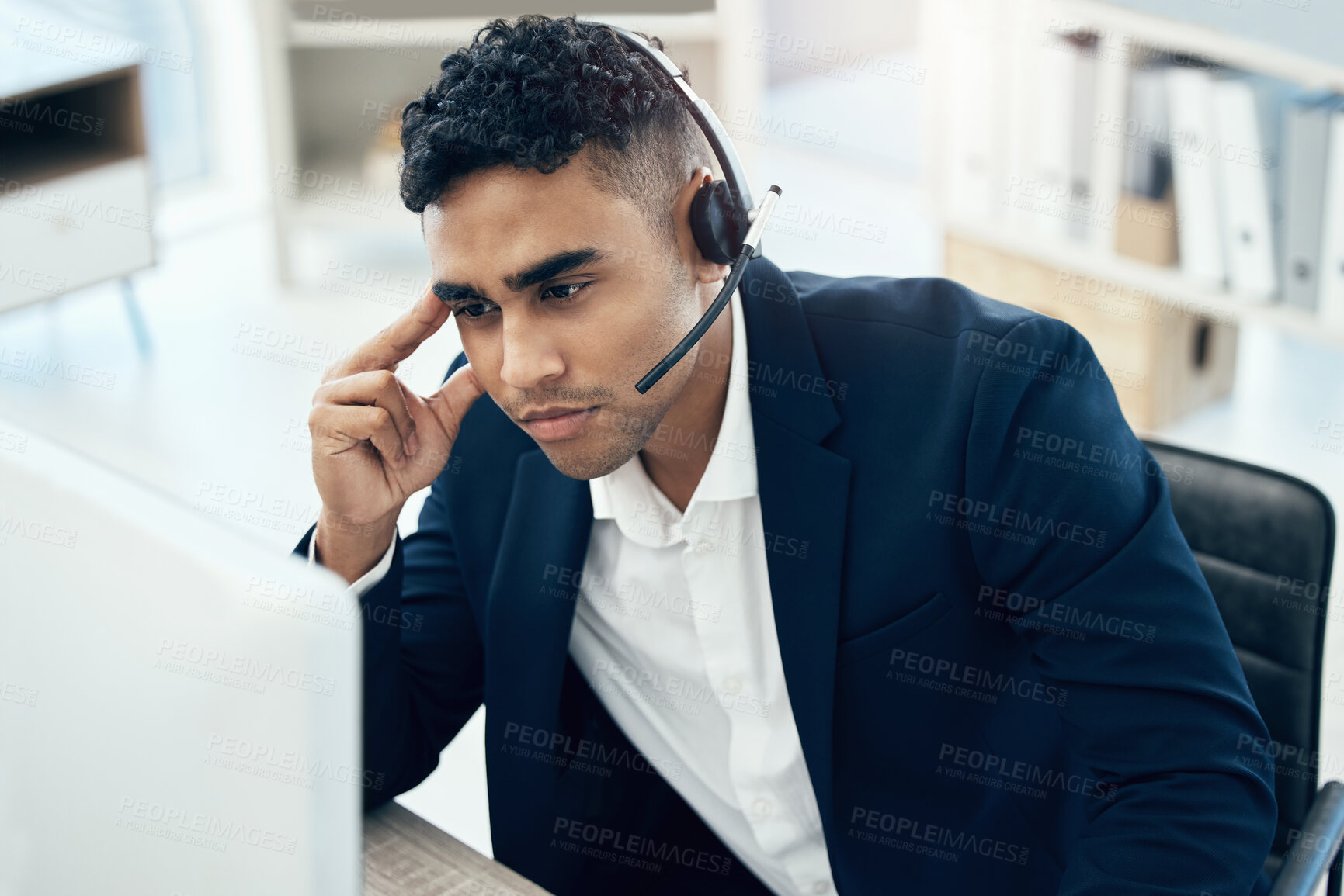 Buy stock photo Thinking, stress and call center with businessman at desk for telemarketing, customer support and consulting. Burnout, mental health and anxiety with employee in office for contact us, kpi and crm