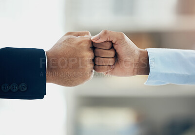 Buy stock photo Partnership, teamwork and fist bump by business people in support of trust, goal and mission against city background. Business, men and hands fist in collaboration of partners with vision for success