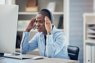 Buy stock photo CRM, stress or customer support black woman with PC headache from stock market anxiety, depression or financial crisis in office. Contact us, girl or customer service woman with telecom mental health