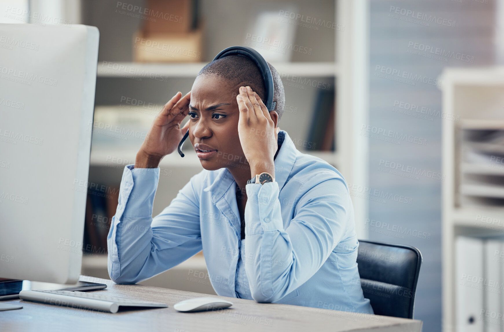 Buy stock photo CRM, stress or customer support black woman with PC headache from stock market anxiety, depression or financial crisis in office. Contact us, girl or customer service woman with telecom mental health