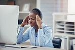 Black woman headache, call center stress and burnout, computer 404 fail glitch and receptionist pain at sales agency office desk. Angry, frustrated and anxiety consultant worker, problem and mistake