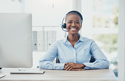 Buy stock photo Call center, smile and portrait of black woman at desk for ecommerce, help and customer support. Happy, receptionist and consulting with employee with headset for advice, representative or commitment