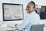Customer support, call center and portrait of black woman at work on computer, sitting at desk and smile. Technology, telemarketing and consulting agent typing, working and busy on pc at crm company