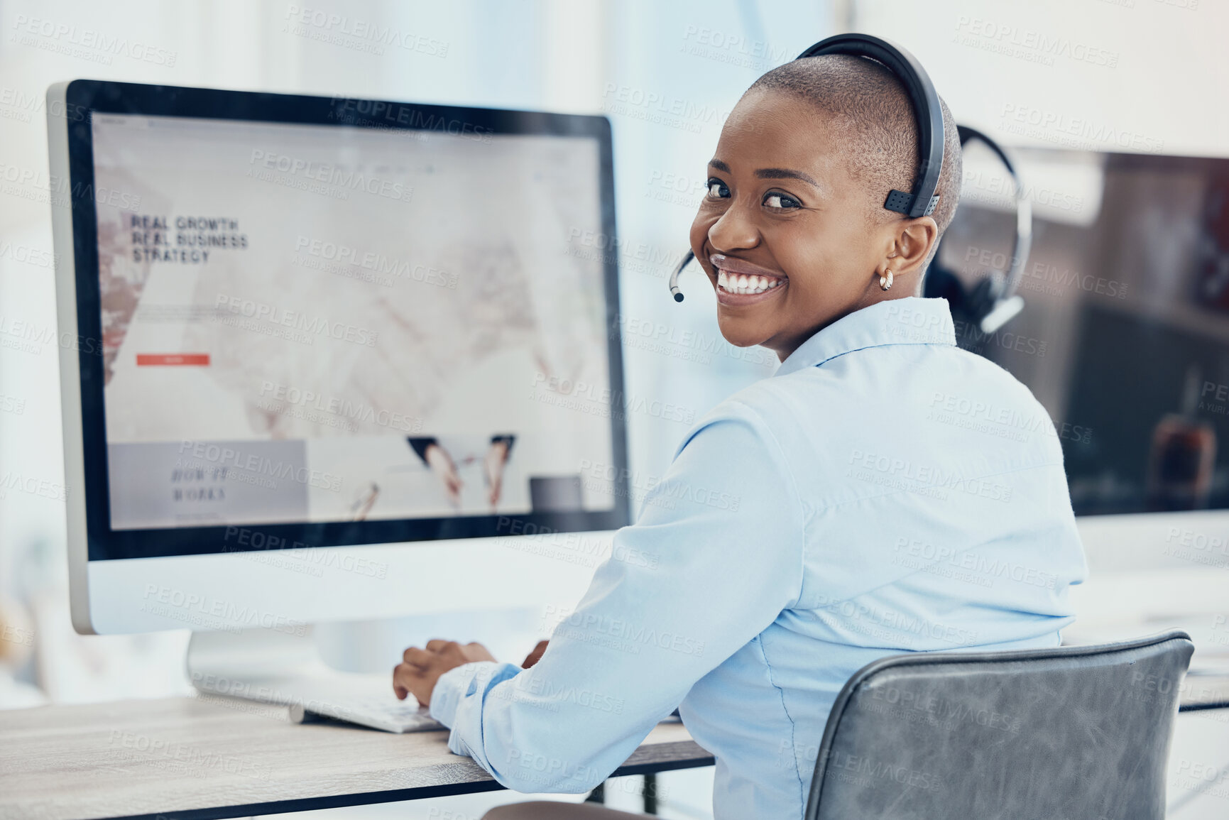 Buy stock photo Customer support, call center and portrait of black woman at work on computer, sitting at desk and smile. Technology, telemarketing and consulting agent typing, working and busy on pc at crm company