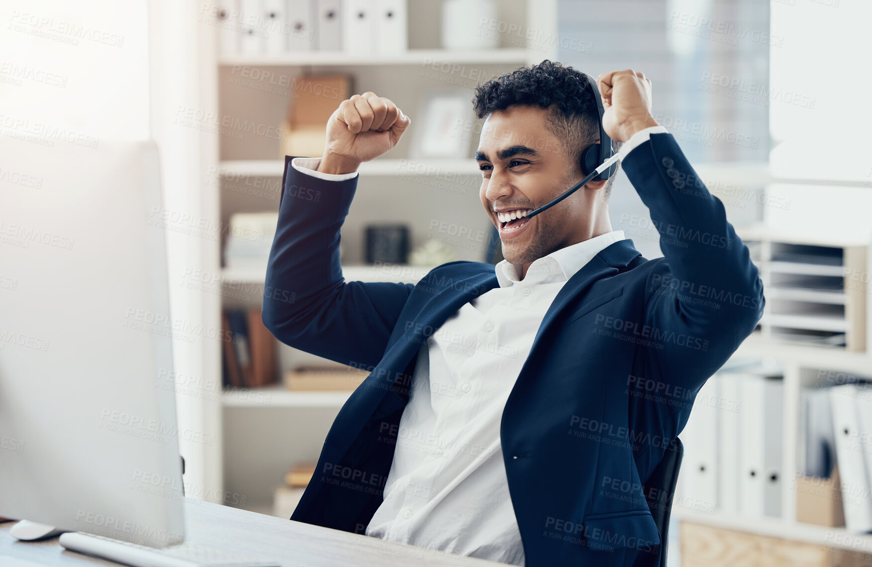Buy stock photo Businessman, fist or success on call center computer in sales deal, target goals or b2b consulting help. Happy smile, celebration telemarketing receptionist and winner expression in contact us office