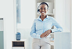 Call center, smile and portrait of black woman in office for telemarketing, customer support or consulting. Contact us, communication or help desk service with employee for business, crm and kpi