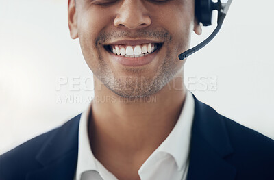 Buy stock photo Call center, face and man consulting for crm, customer support and telemarketing sales closeup. Customer service, contact us and consultant, happy and smile about sale, e commerce and management