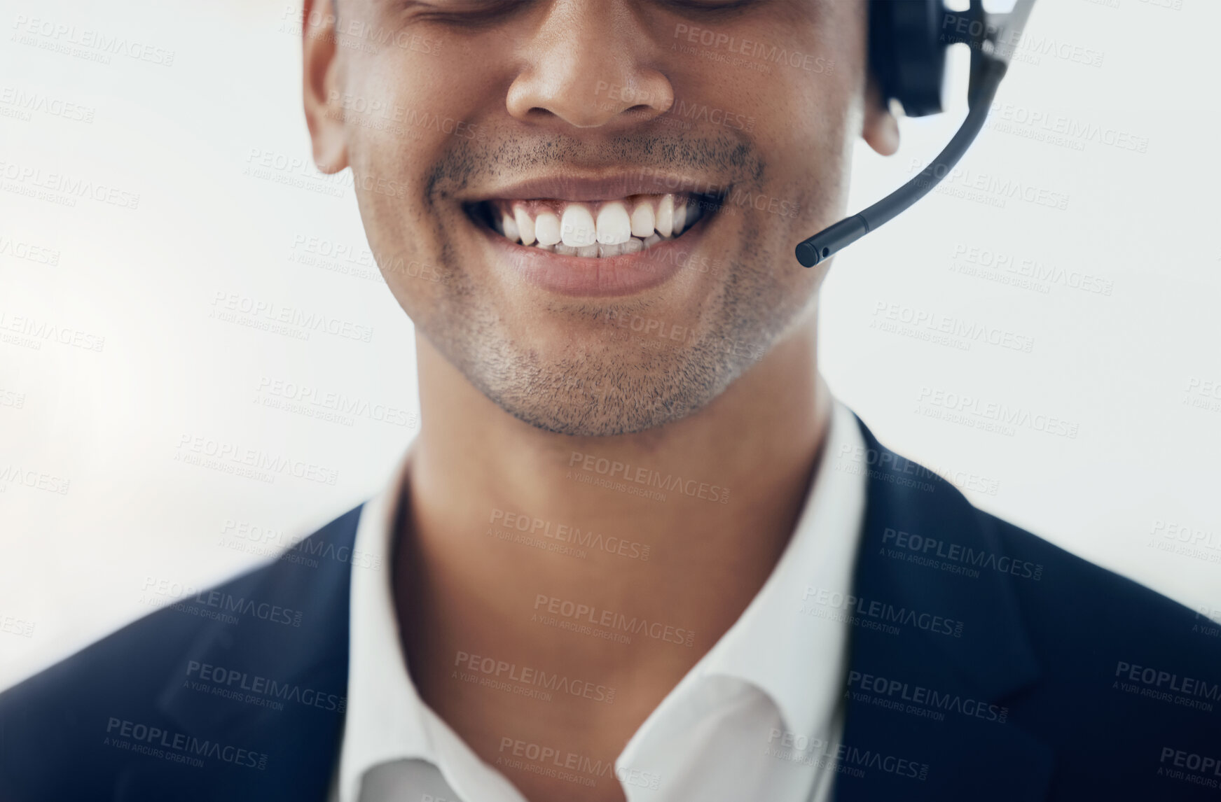 Buy stock photo Call center, face and man consulting for crm, customer support and telemarketing sales closeup. Customer service, contact us and consultant, happy and smile about sale, e commerce and management