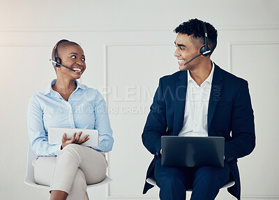 Buy stock photo Call center, team meeting and business people with laptop, tablet or technology consultation for Human Resources, we are hiring or job search. Black people excited for telemarketing career interview