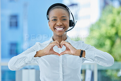 Buy stock photo Hands, heart and call center consultant with black woman happy, smile and excited about customer service excellence. Black woman, hands and love sign by advisor passionate about crm business