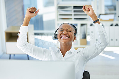 Buy stock photo Success, call center or sales consultant black woman for happy telemarketing, winner or b2b company motivation in office. IT support, contract or CRM communication for WOW, goal achievement or target