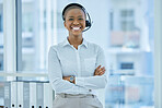 Call center, customer support and happy black woman in communication, consulting and talking to clients. Smile, consultant and telemarketing sales agent employee working in a customer services office