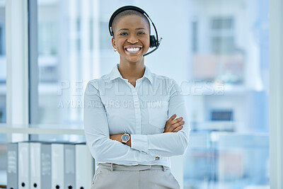 Buy stock photo Call center, customer support and happy black woman in communication, consulting and talking to clients. Smile, consultant and telemarketing sales agent employee working in a customer services office