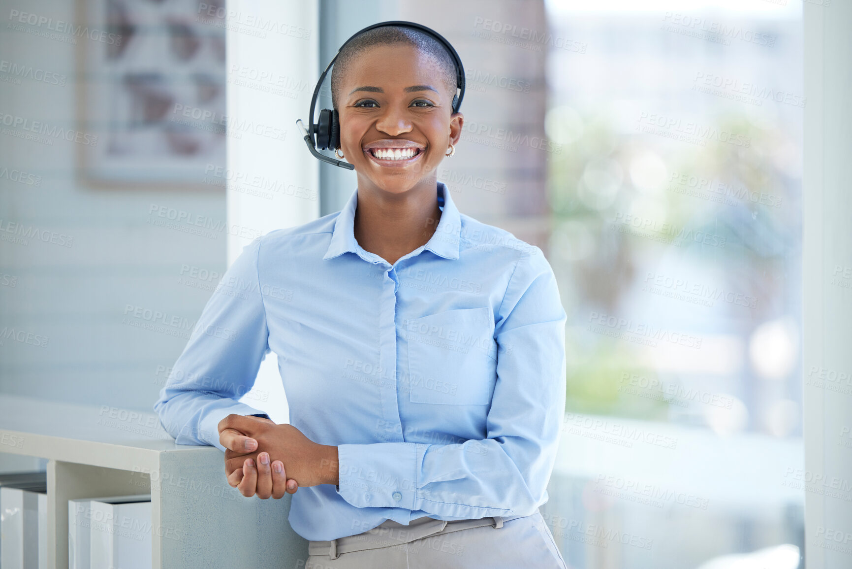 Buy stock photo Black woman, call center and portrait smile for telemarketing, consulting or contact us at the office. Happy African American female consultant smiling with headset in success for customer service