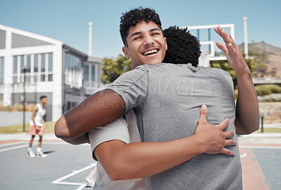 Buy stock photo Sport, friends and man hug during basketball training, happy and smile at basketball court, excited and laughing. Fitness, men and basketball player embrace in celebration of sports, goal and success