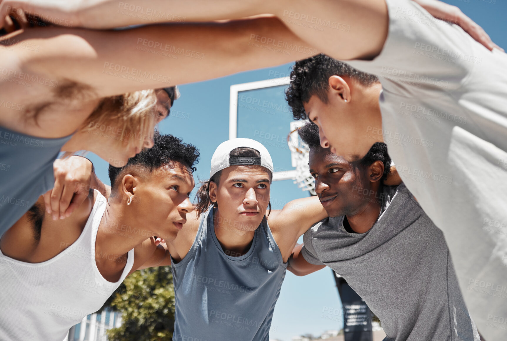 Buy stock photo Teamwork, support and sports with basketball men for planning, community or mission. Workout, fitness and exercise with basketball players training on court in summer for friends, goals or coaching
