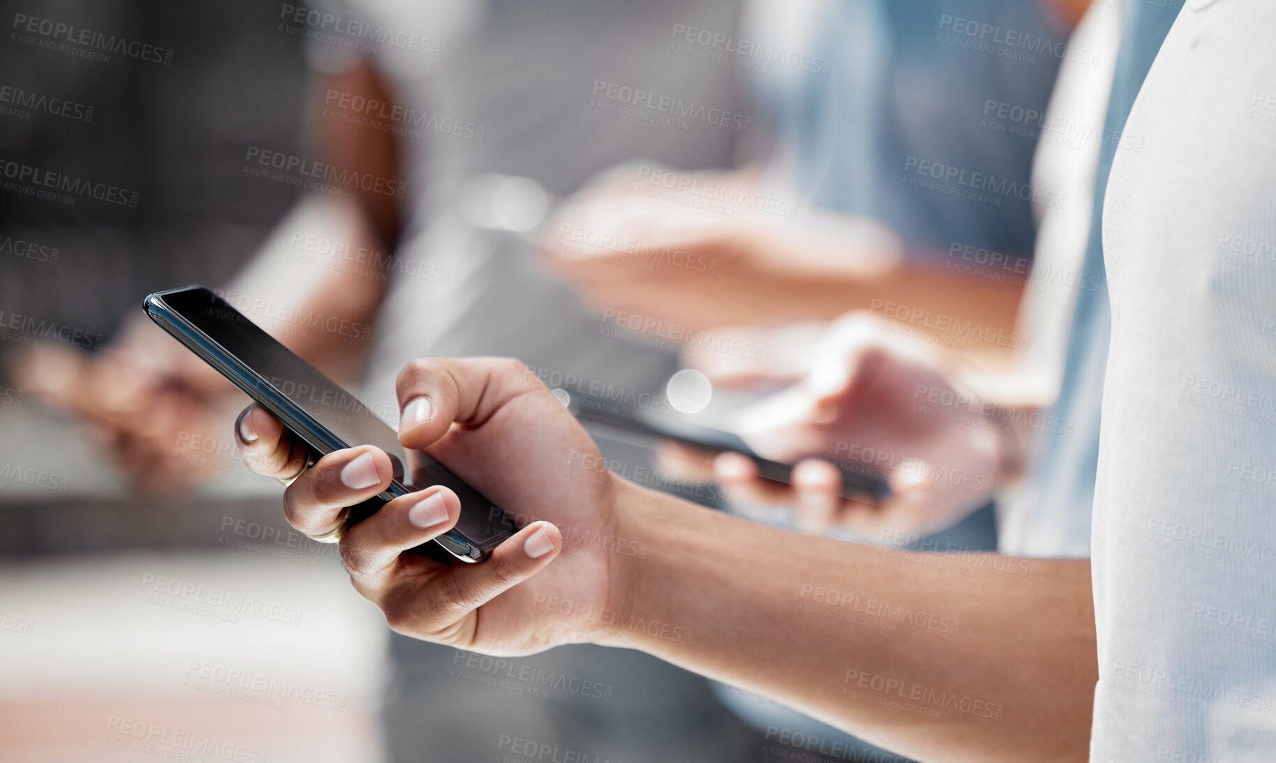Buy stock photo Hands of group in line on smartphone, social media or internet surfing or browsing online. Tech, side view and friends or people on devices, phones or cellphones networking, chat or sharing data.

