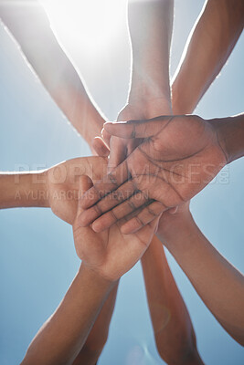 Buy stock photo Hands, support and diversity with team, solidarity and together for collaboration and team building. Teamwork motivation, mission success and community with connection and trust in partnership.