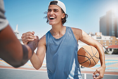 Buy stock photo Sports, friends and handshake by man for basketball training at basketball court against a city, urban and background. Fitness, team and hands in support of sport goal, game and practice workout