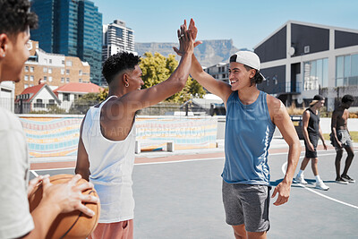 Buy stock photo Basketball, high five and sports team hands in celebration of game win, match or training. Teamwork, sport and fitness by basketball player hand in support of motivation, success and goal at court