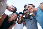 Portrait, diversity and men huddle, together for practice and content outdoor. Young male group, friends and smile for support, solidarity and motivation for game, bonding and for trust being happy.
