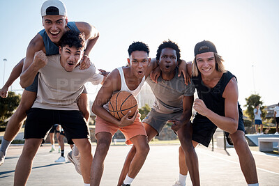 Basketball, team and friends in fun sports fitness, workout or exercise together on the court in the outdoors. Portrait of happy athletic sport players ready for match, game or training in teamwork