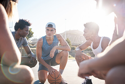 Basketball, team and meeting for sports strategy, collaboration or planning in discussion on the court. Group of athletic sport players in teamwork or competitive conversation for match or game plan