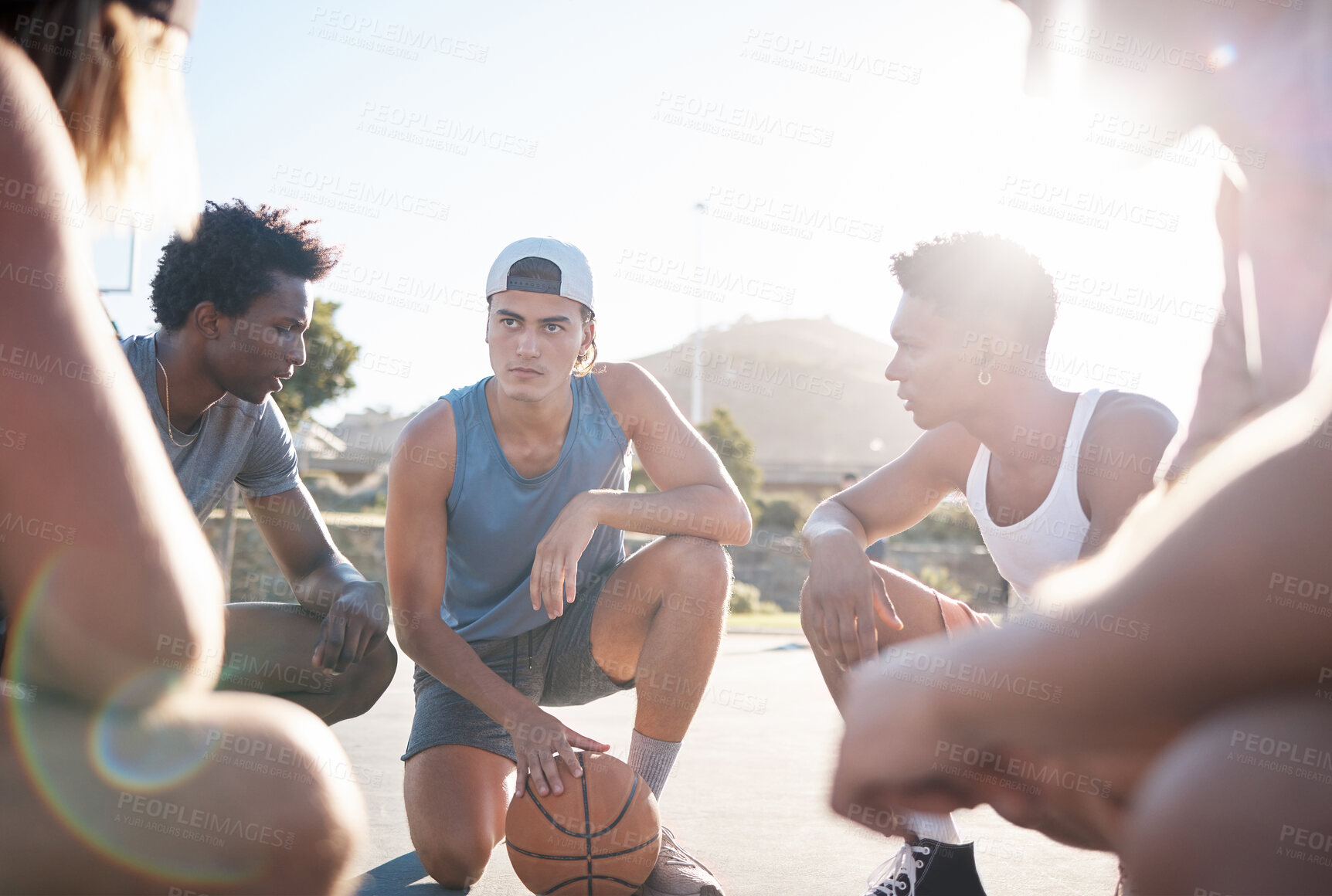 Buy stock photo Basketball, team and meeting for sports strategy, collaboration or planning in discussion on the court. Group of athletic sport players in teamwork or competitive conversation for match or game plan