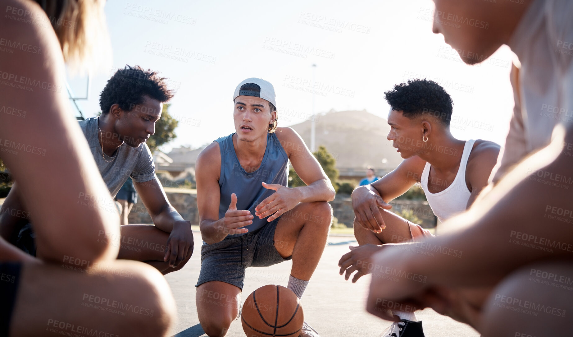 Buy stock photo Motivation, leadership and men in a huddle on basketball court in a circle for mindset and teamwork. Fitness, sports and athletes talking or speaking of training goals, mission and strategy planning