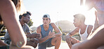 Basketball, team and meeting for sports game plan, strategy or collaboration on the court in the outdoors. Group of athletic people in sport discussion, teamwork or planning for competitive match