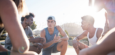 Buy stock photo Basketball, team and meeting for sports game plan, strategy or collaboration on the court in the outdoors. Group of athletic people in sport discussion, teamwork or planning for competitive match