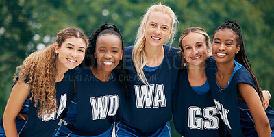 Buy stock photo Sports, teamwork and netball with portrait of women for. training, health and friends. Summer workout and fitness with happy netball player in outdoor playing for games, support and goals together