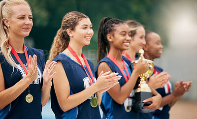 Buy stock photo Netball team, clapping and medal, trophy and winner in sports competition, tournament and game outdoor. Teamwork, support and gold award for achievement, winner and celebration at sport event outdoor