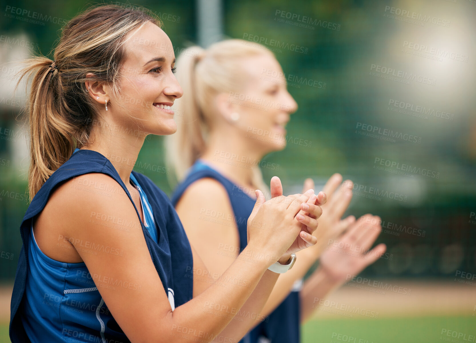 Buy stock photo Success, applause and happy netball team in celebration for winning a sports game with teamwork and support. Smile, fitness and healthy women clapping with pride together for a group achievement